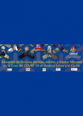 Banner del blog CEAAL sobre la EPJA en la crisis del COVID-19. Azul, fotografías de personas y el título de la publicación.