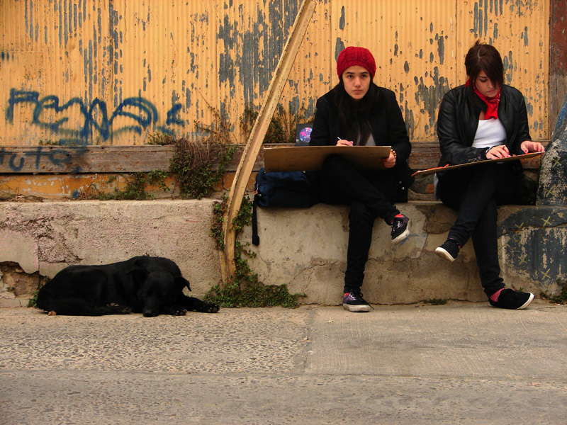 Dos niñas adolescentes escribiendo en un sujetapapeles frente a una pared amarilla. A la izquierda, un perro duerme.