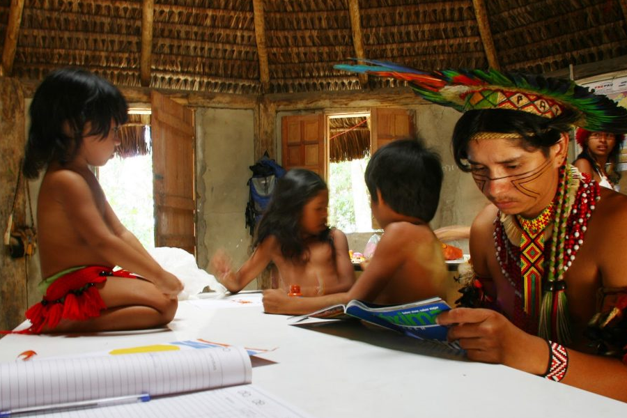 Jaqueira Village. Porto Seguro, Bahia, Brazil (2008). An indigenous teacher of the Pataxó ethnic group teaches students in their native language Patxôhã.