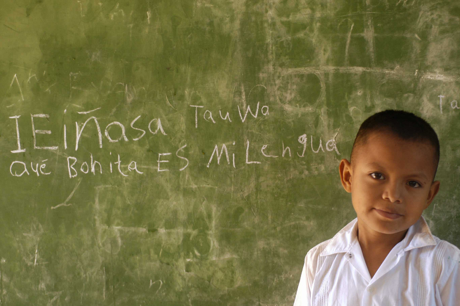 La foto muestra a un niño, del pecho para arriba, de aproximadamente 6 años de edad, Tiene el cabello rapado y de color negro, ojos negros, un poco rasgados, que miran fijamente a la cámara. Lleva una camisa de botones de color blanco. Atrás del niño, al fondo de la foto, se ve un tablero de color verde, con una frase escrita, en letra infantil, con tiza de color blanco que dice: “Qué bonita es mi lengua”.  En el extremo inferior derecho de la foto, están los créditos de la foto, con el texto de color negro: “Foto: GPE/Paul Martinez”. Fin de la descripción. 
